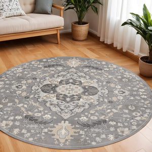 HomeRoots 8' Elegant Ivory Floral Medallion Round Rug – Durable Non-Skid Design for Living Rooms & More! 550283