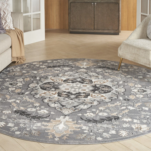HomeRoots 8' Elegant Ivory Floral Medallion Round Rug – Durable Non-Skid Design for Living Rooms & More! 550283
