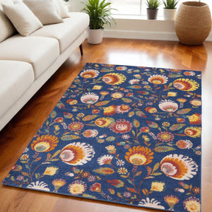 Homeroots 5' X 7' Blue And Yellow Floral Power Loom Area Rug  Polypropylene 550294