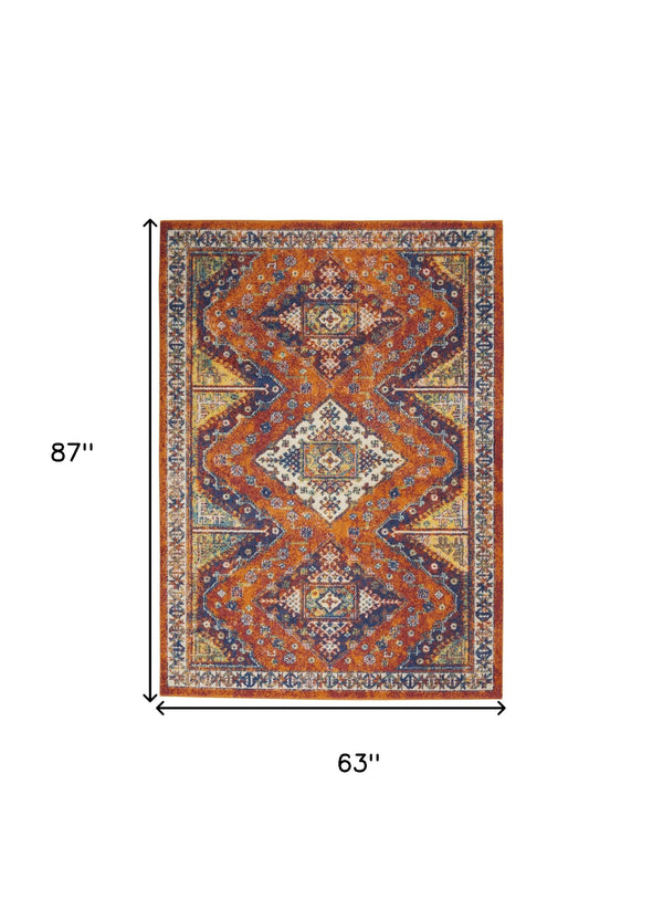 Homeroots 5' X 7' Ivory Blue And Orange Geometric Power Loom Area Rug  Polypropylene 550296