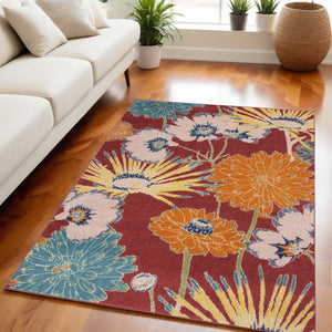 Homeroots 5' X 7' Orange And Red Floral Power Loom Area Rug  Polypropylene 550298