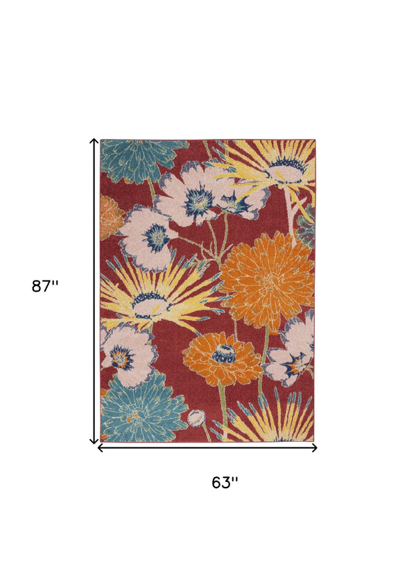 Homeroots 5' X 7' Orange And Red Floral Power Loom Area Rug  Polypropylene 550298