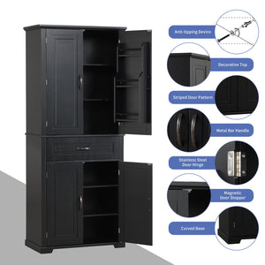 English Elm Bathroom Tall Storage Cabinet with Doors and Drawer, Adjustable Shelf, Anti-Tip Safety, MDF Finish Black N725P210330B