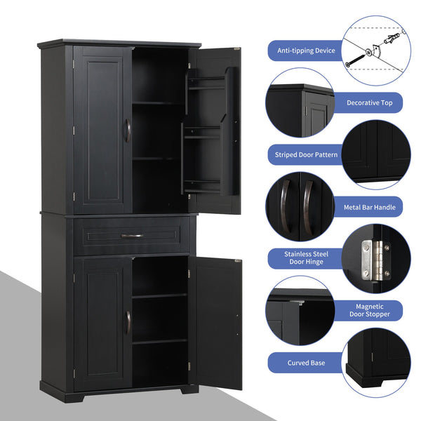 English Elm Bathroom Tall Storage Cabinet with Doors Drawer and Adjustable Shelf, MDF Build, Metal Handles, Anti-Tip Safety Black WF308204AAB