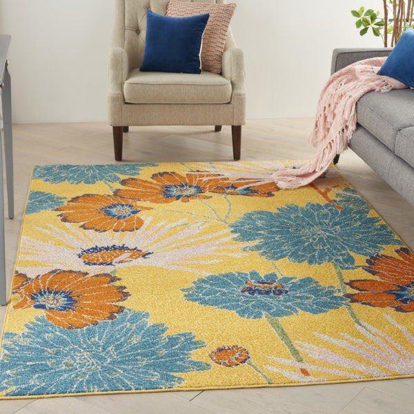 HomeRoots 5' Elegant Yellow Floral Power Loom Area Rug - Timeless Charm for Living Rooms and Bedrooms 5' X 7' 550301