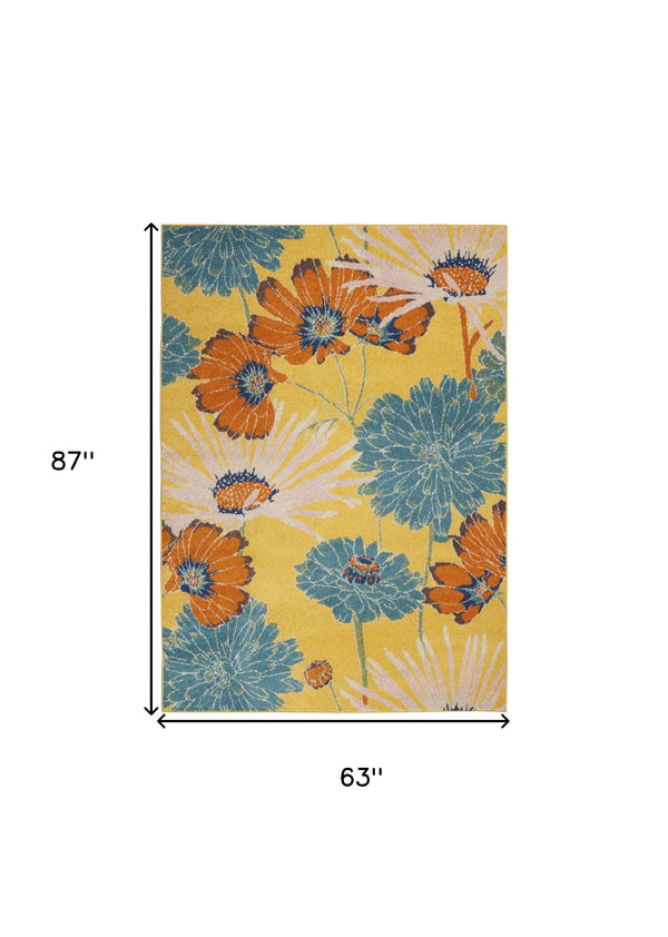 Homeroots 5' X 7' Yellow Floral Power Loom Area Rug  Polypropylene 550301