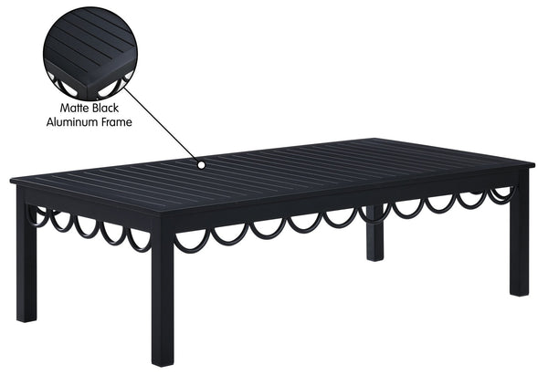 Meridian Furniture Portofino Slatted Powder-coated Aluminum Outdoor Coffee Table with Art Deco Scalloped Trim Black 55031-CT