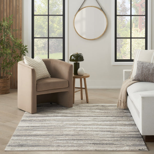 HomeRoots 5' Abstract Ivory Beige and Gray Non-Skid Area Rug - Durable, Stain-Resistant, Modern Style for Any Room 5' X 7' 550312
