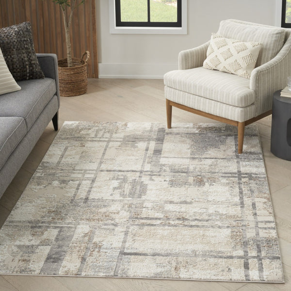 HomeRoots 5' Modern Abstract Area Rug in Ivory, Gray & Black - Durable, Stain-Resistant, Non-Skid Design 5' X 7' 550315