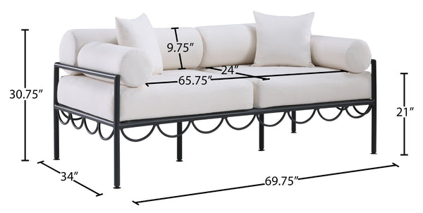 Meridian Furniture Portofino Art Deco Outdoor Loveseat Aluminum Frame Water Repellent Cushions Patio Seating Cream 55031Cream-L