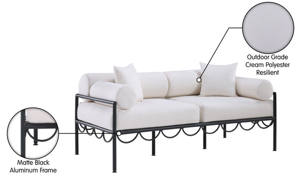 Meridian Furniture Portofino Art Deco Outdoor Loveseat Aluminum Frame Water Repellent Cushions Patio Seating Cream 55031Cream-L