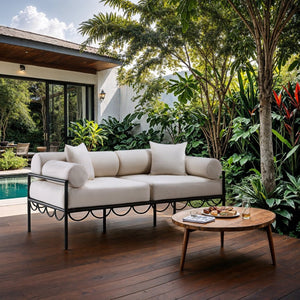 Meridian Furniture Portofino Art Deco Outdoor Loveseat Aluminum Frame Water Repellent Cushions Patio Seating Cream 55031Cream-L