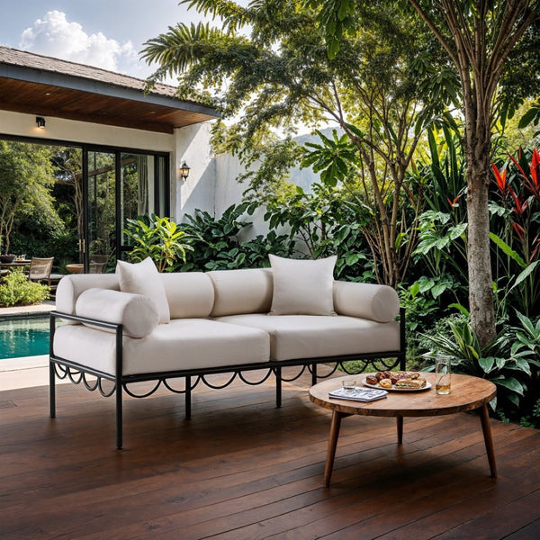 Meridian Furniture Portofino Art Deco Outdoor Loveseat Aluminum Frame Water Repellent Cushions Patio Seating Cream 55031Cream-L
