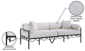 Meridian Furniture Portofino Art Deco Outdoor Patio Sofa with Water Repellent Upholstery and Matte Black Frame Cream 55031Cream-S