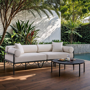 Meridian Furniture Portofino Art Deco Outdoor Patio Sofa with Water Repellent Upholstery and Matte Black Frame Cream 55031Cream-S
