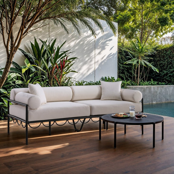 Meridian Furniture Portofino Art Deco Outdoor Patio Sofa with Water Repellent Upholstery and Matte Black Frame Cream 55031Cream-S