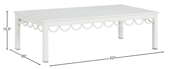 Meridian Furniture Portofino Slatted Powder-coated Aluminum Outdoor Coffee Table with Art Deco Scalloped Trim White 55032-CT
