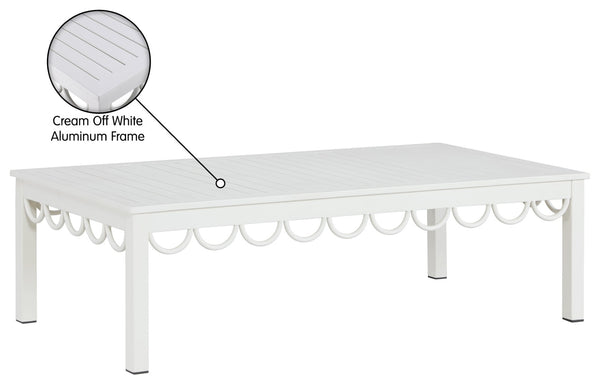 Meridian Furniture Portofino Slatted Powder-coated Aluminum Outdoor Coffee Table with Art Deco Scalloped Trim White 55032-CT