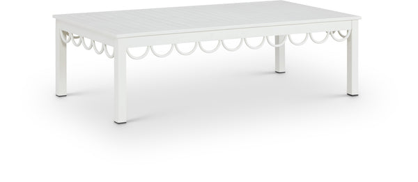 Meridian Furniture Portofino Slatted Powder-coated Aluminum Outdoor Coffee Table with Art Deco Scalloped Trim White 55032-CT