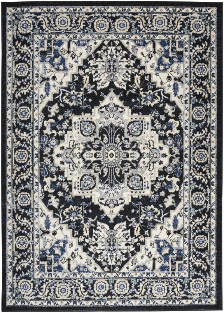 HomeRoots 5x7 Floral Area Rug in Black Ivory Blue Polypropylene Stain Resistant Living Room 550329
