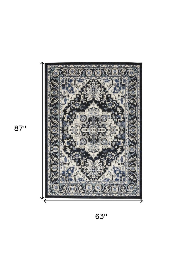 HomeRoots 5x7 Floral Area Rug in Black Ivory Blue Polypropylene Stain Resistant Living Room 550329