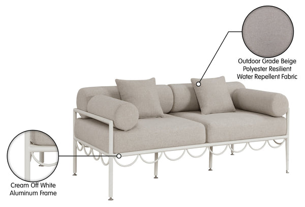 Meridian Furniture Portofino Art Deco Outdoor Loveseat Aluminum Frame Water Repellent Cushions Patio Seating Beige 55032Beige-L