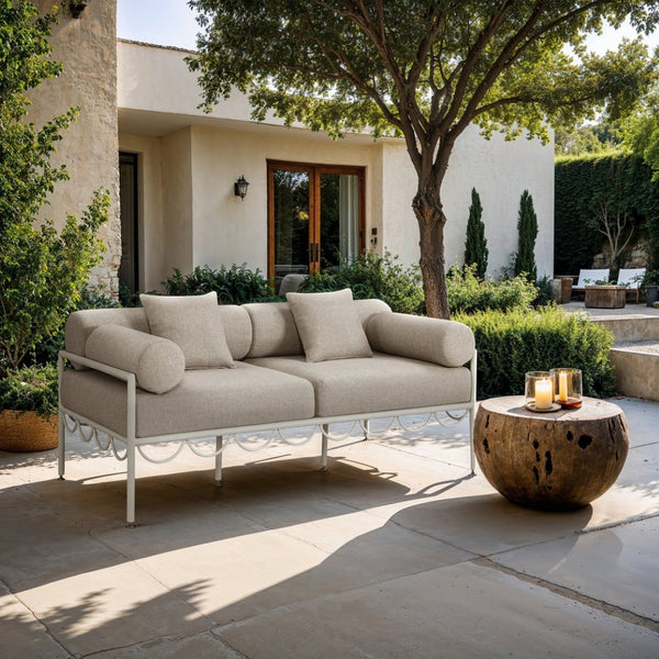 Meridian Furniture Portofino Art Deco Outdoor Loveseat Aluminum Frame Water Repellent Cushions Patio Seating Beige 55032Beige-L