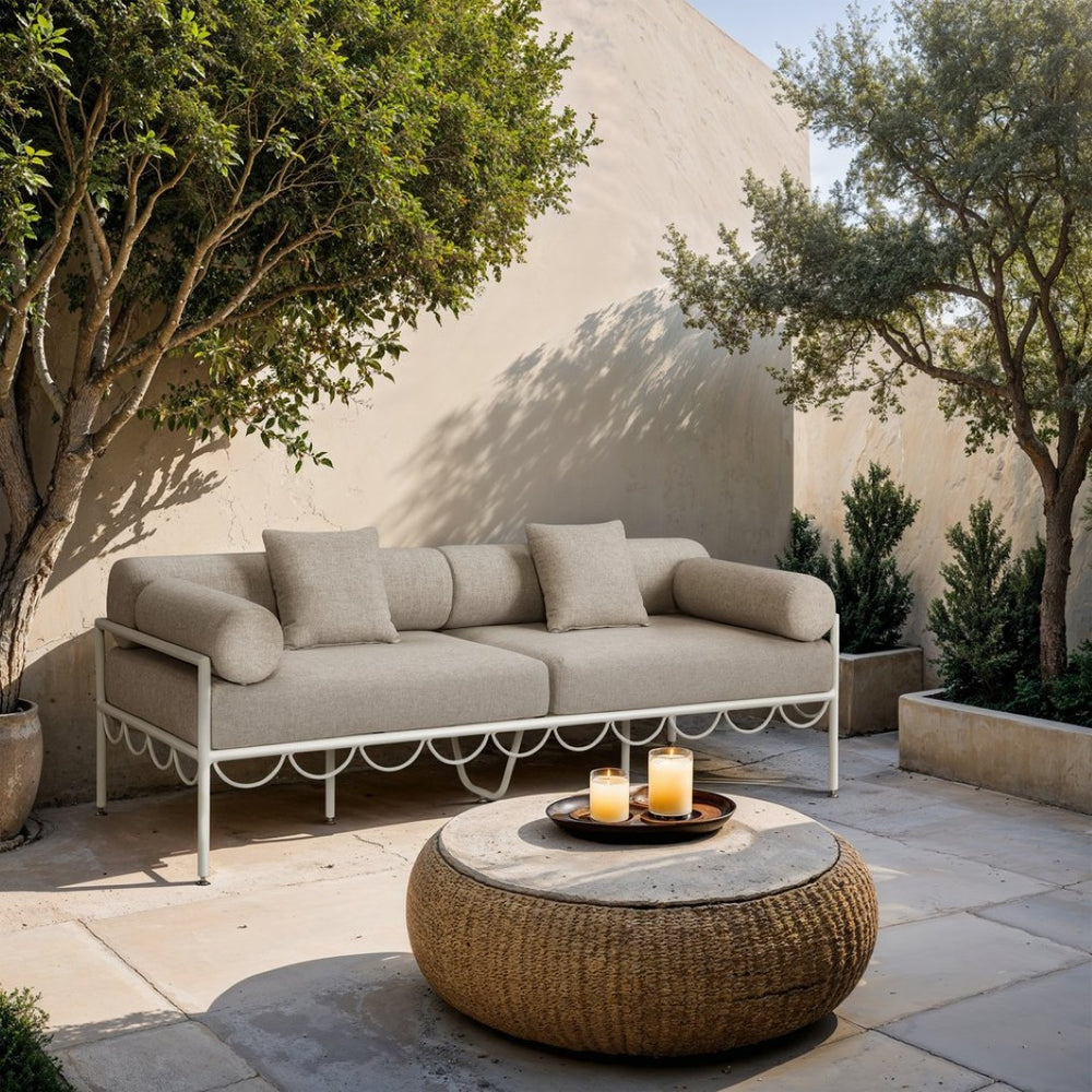 Meridian Furniture Portofino Art Deco Outdoor Patio Sofa with Water Repellent Upholstery and Matte Black Frame Beige 55032Beige-S