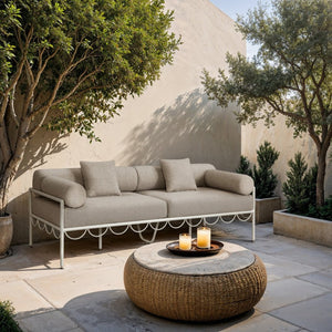 Meridian Furniture Portofino Art Deco Outdoor Patio Sofa with Water Repellent Upholstery and Matte Black Frame Beige 55032Beige-S