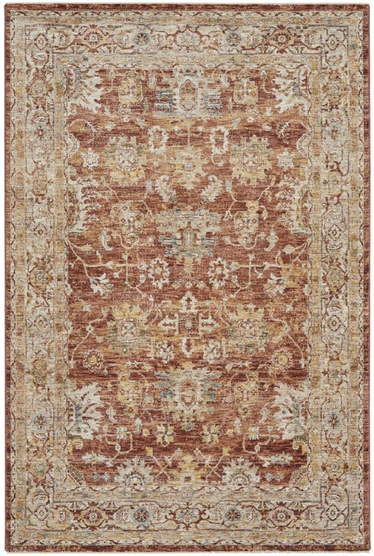 Geometric Distressed Polyester Area Rug in Rust Ivory Blue for Living and Dining Rooms