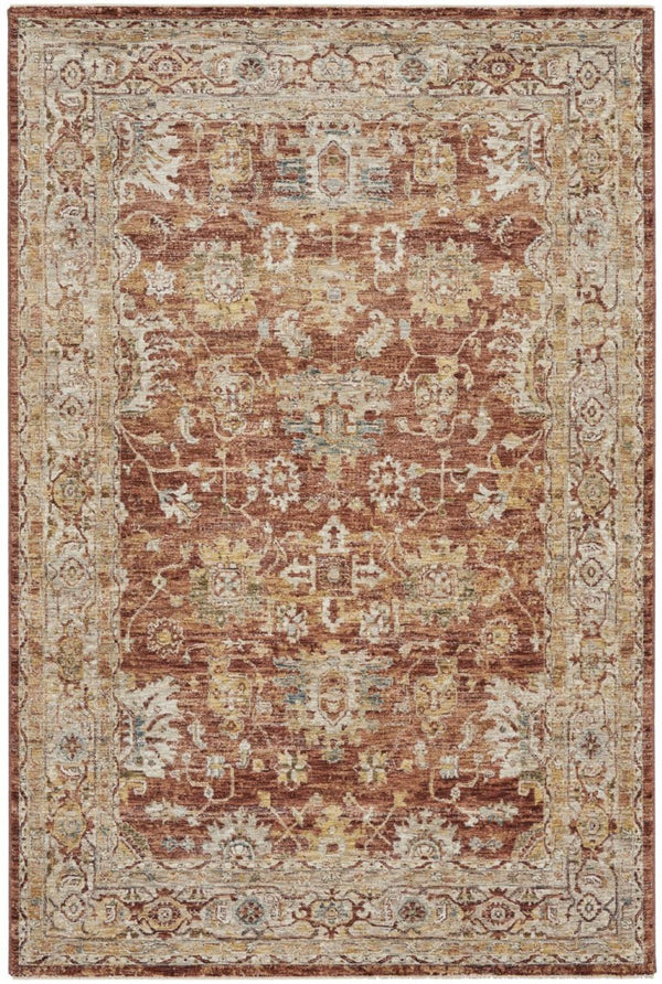 Geometric Distressed Polyester Area Rug in Rust Ivory Blue for Living and Dining Rooms