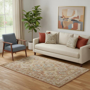 5 X 8 Geometric Distressed Polyester Area Rug in Rust Ivory and Blue Tones