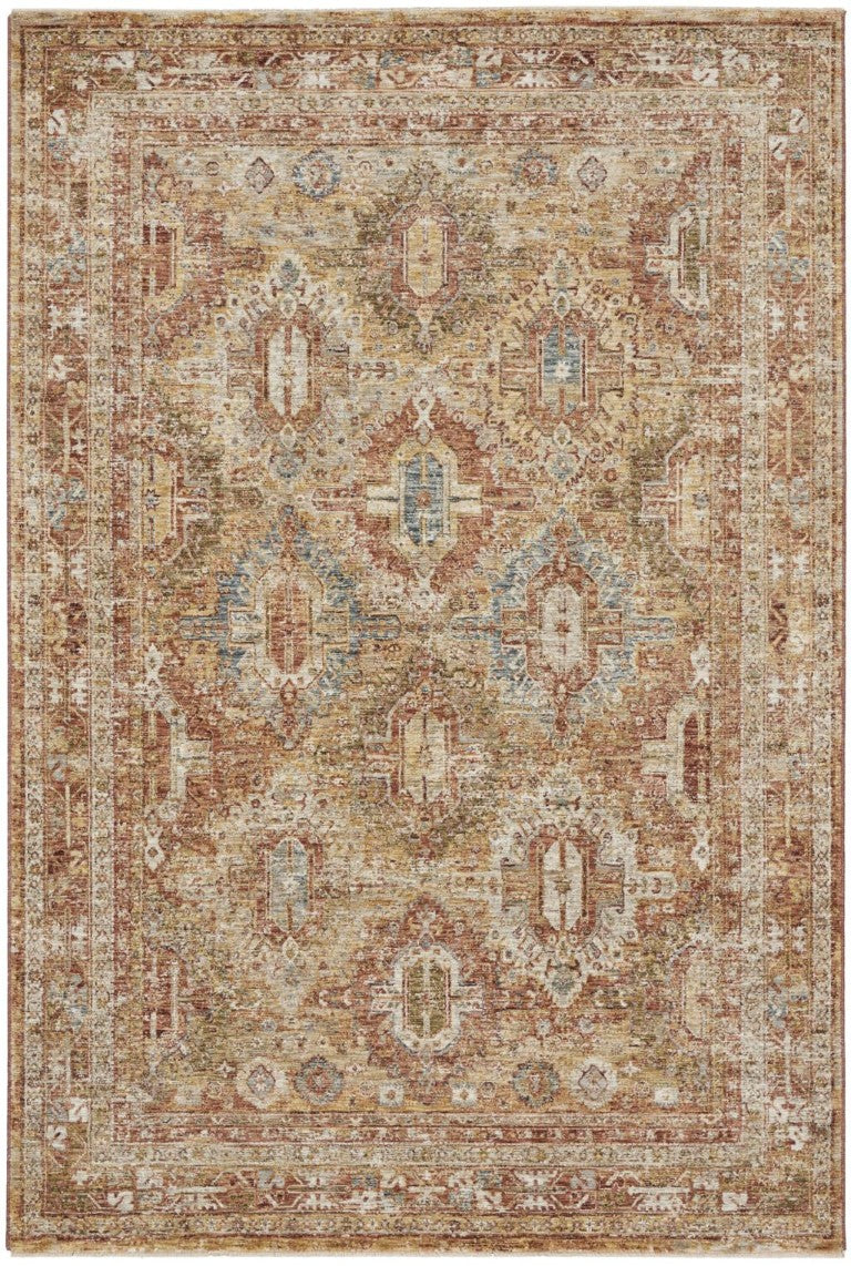 HomeRoots 5 X 8 Geometric Distressed Polyester Area Rug in Rust Ivory and Blue Tones 550355