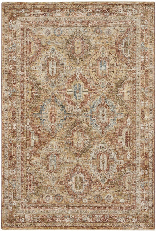 HomeRoots 5 X 8 Geometric Distressed Polyester Area Rug in Rust Ivory and Blue Tones 550355