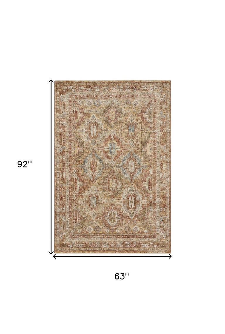 HomeRoots 5 X 8 Geometric Distressed Polyester Area Rug in Rust Ivory and Blue Tones 550355