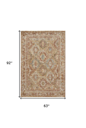 5 X 8 Geometric Distressed Polyester Area Rug in Rust Ivory and Blue Tones