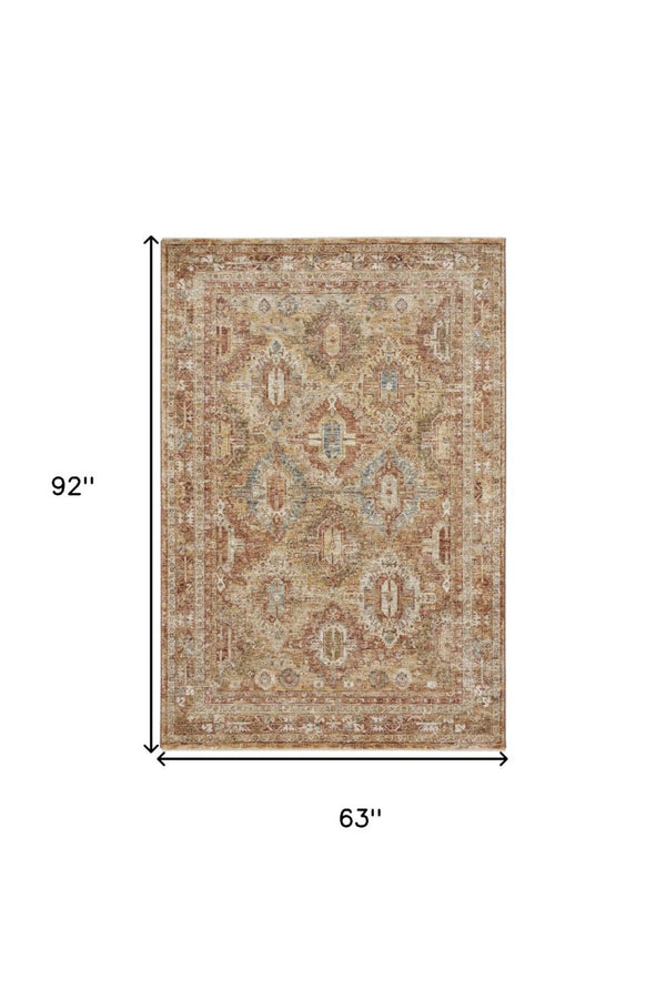 5 X 8 Geometric Distressed Polyester Area Rug in Rust Ivory and Blue Tones