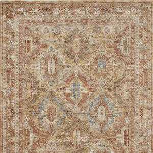 5 X 8 Geometric Distressed Polyester Area Rug in Rust Ivory and Blue Tones