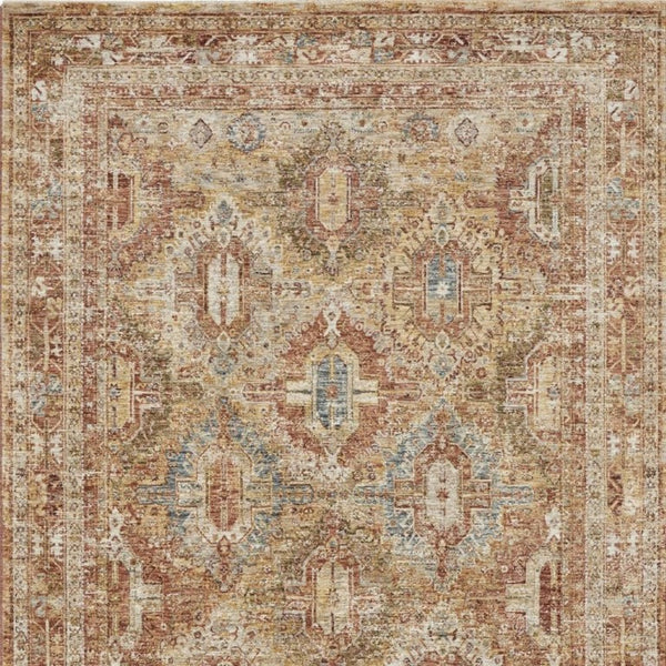 5 X 8 Geometric Distressed Polyester Area Rug in Rust Ivory and Blue Tones