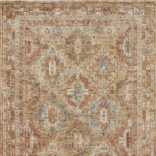 5 X 8 Geometric Distressed Polyester Area Rug in Rust Ivory and Blue Tones