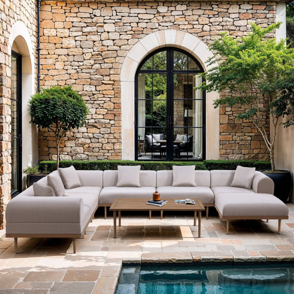 Meridian Furniture Laguna Slatted Aluminum Outdoor Coffee Table with Teak Finish and Tapered Legs 55036-CT