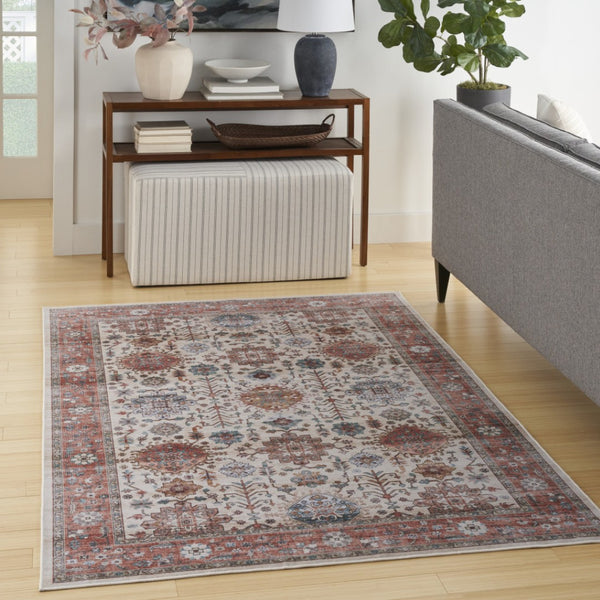 HomeRoots 8' Ivory and Red Floral Distressed Area Rug – Timeless Charm, Durable, Stain-Resistant Design for Home 8' X 10' 550360