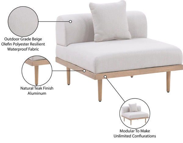 Meridian Furniture Laguna Modular Armless Patio Chair Olefin Fabric Teak Aluminum Frame Outdoor Sectional Beige 55036Beige-Armless
