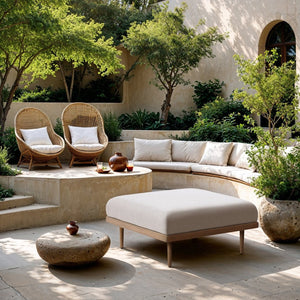 Meridian Furniture Laguna Modular Outdoor Ottoman with Uv Resistant Olefin Fabric and Teak Aluminum Frame 55036Beige-Ott