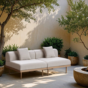 Meridian Furniture Laguna Modular Outdoor Loveseat Teak Frame with Weather Resistant Cushions for Patio Seating Beige A 55036Beige-S2A