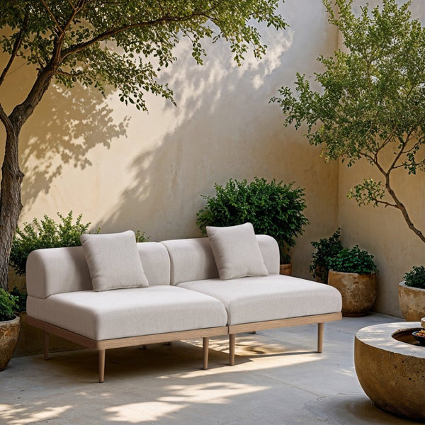 Meridian Furniture Laguna Modular Outdoor Loveseat Teak Frame with Weather Resistant Cushions for Patio Seating Beige A 55036Beige-S2A