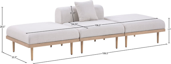 Meridian Furniture Laguna 3 Piece Modular Outdoor Sofa Olefin Fabric Teak Aluminum Patio Sectional 55036Beige-S3C