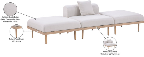 Meridian Furniture Laguna 3 Piece Modular Outdoor Sofa Olefin Fabric Teak Aluminum Patio Sectional 55036Beige-S3C