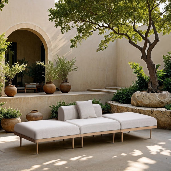 Meridian Furniture Laguna 3 Piece Modular Outdoor Sofa Olefin Fabric Teak Aluminum Patio Sectional 55036Beige-S3C