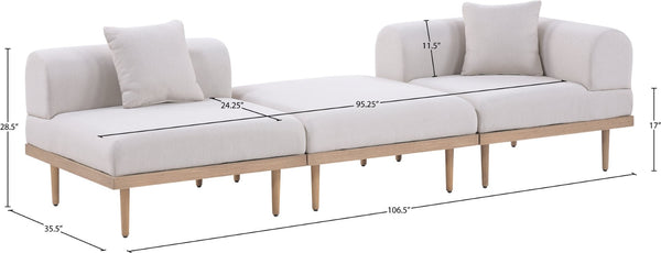 Meridian Furniture Laguna 3 Piece Modular Outdoor Sofa with Olefin Cushions and Teak Aluminum Frame 55036Beige-S3D